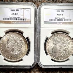 1883 & 1885 Morgan Silver Dollars Graded MS62 by NGC