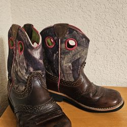 Ariat Girls Cowboy Boots Brown Leather Camo Camouflage Pink Trim Size 13