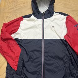 Tommy Hilfiger Men's Full Zip Windbreaker Jacket in a red, white, and navy blue color block design. Size XXL Excellent condition no flaws