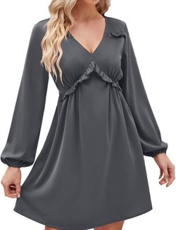 Women’s Gray V-Neck Skirt High Waist Long Sleeve Dress Size 3XL