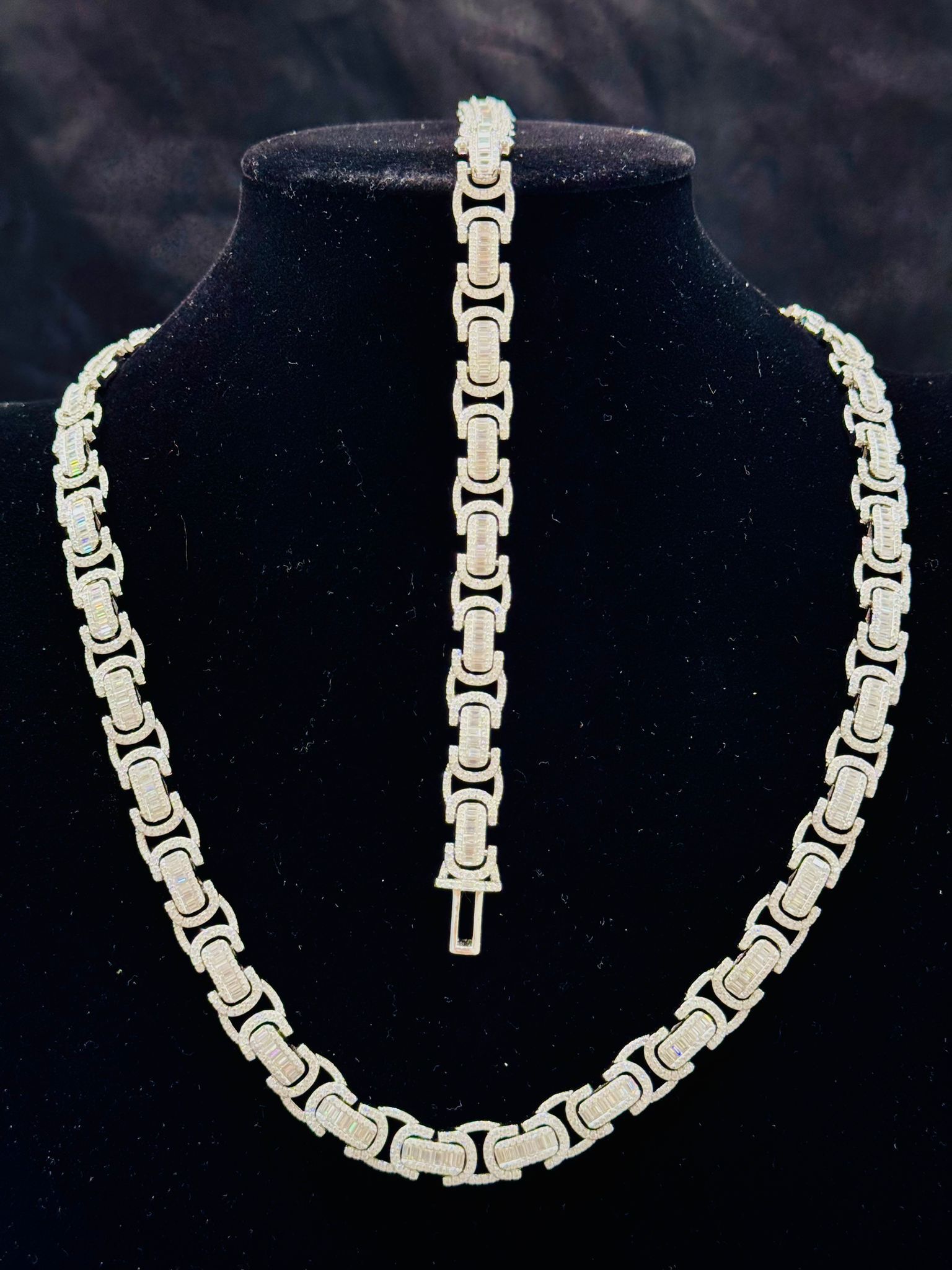 Silver VVs Moissanite Byzantine Chain & Bracelet Set