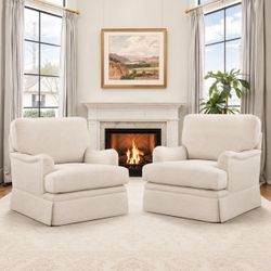 Set of 2. 32 in. W Beige Fabric 360° Swivel Accent Chair Modern Upholstered Armchair Metal Base Barrel Sofa Chair
