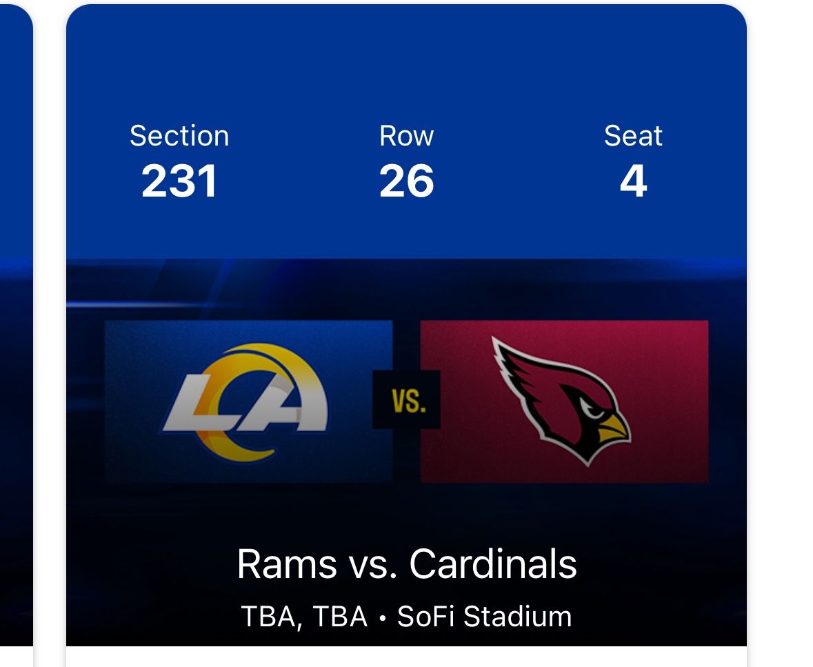 Los Angeles Rams Vs Arizona Cardinals - 2 Tickets - Section 231 - NFL