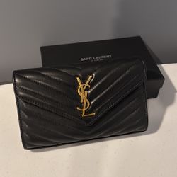 Authentic Saint Laurent YSL Monogram Wallet on Chain (Black/Gold)