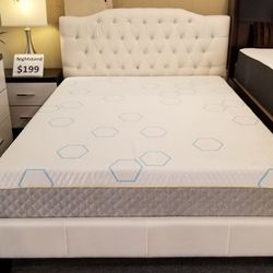 Brand New Tufted  Off White Faux Leather Full Platform Bedframe
