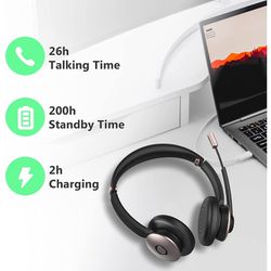 Bluetooth Headset, Wireless Headphones with Microphone Noise Cancelling, On Ear with Mic Mute, Handsfree PC Headsets for Zoom/Teams/Skype 26H Playtime