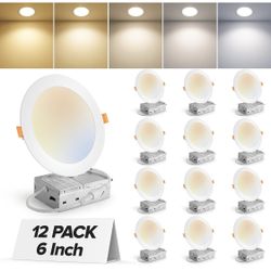 MAILCOS 12 Pack 6 Inch 5CCT Ultra-Thin LED Recessed Ceiling Light with Junction Box, 2700K-5000K Selectable, 1050LM High Brightness, Dimmable Canless