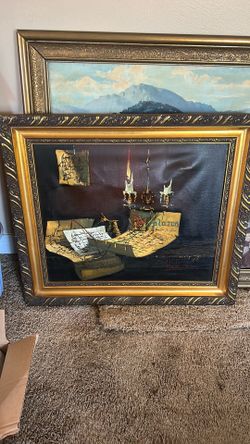 Large Vintage Oil Painting on Canvas – Still Life with Candles & Scrolls, Ornate Gold Frame