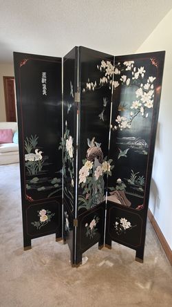 Vintage 4-Panel Hand-Painted Lacquer Screen