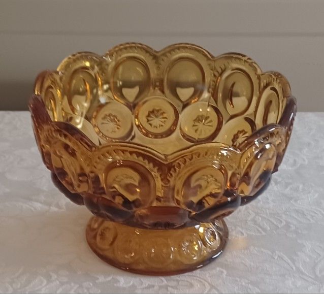 Vintage L.E. Smith Moon and Stars Amber Compote Candy Dish 4x6 MCM