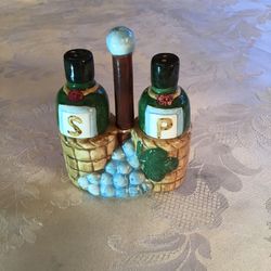 Vintage Alco Hand Painted Wine Bottles in Basket Salt and Pepper Shakers