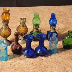 Lot of 10 Vintage Small / Mini Oil Lamps/ Vases/ Colored Glass / Bottles