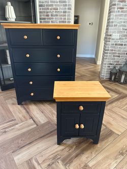 Navy blue and brown two tone, dresser, and nightstand