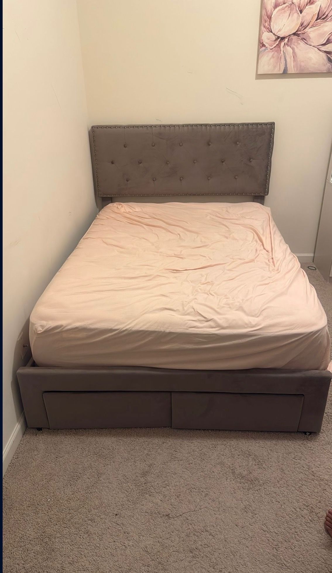 Upholster Velvety Grey Full Bed Frame With Drawers