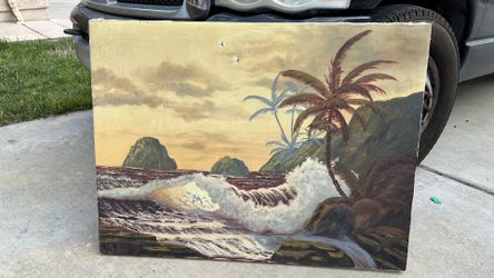 Vintage Hawaiian Painting 30x40 Oil On Canvas Old Man cave TIKI BAR