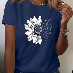 2X Women's Summer V-neck Sunflower Printed T-shirt Top Casual Short Sleeve Top Tees