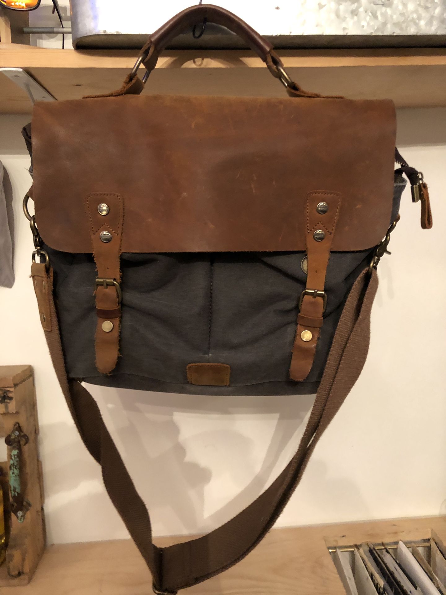 Leather, blue canvas messenger bag