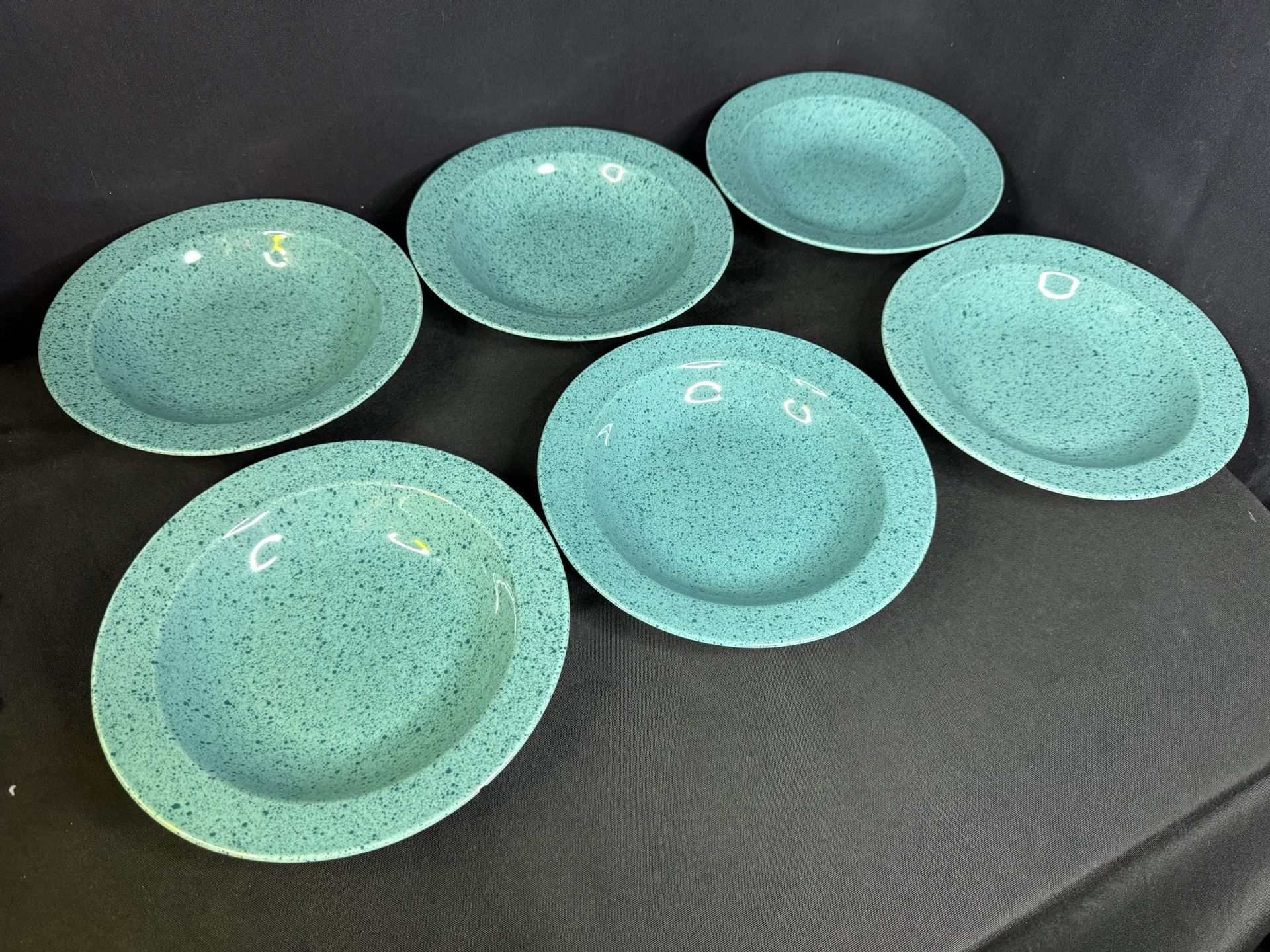 (6) Stoneware Japan Speckled Granite Turquoise Blue/Green Rimmed Soup Plates