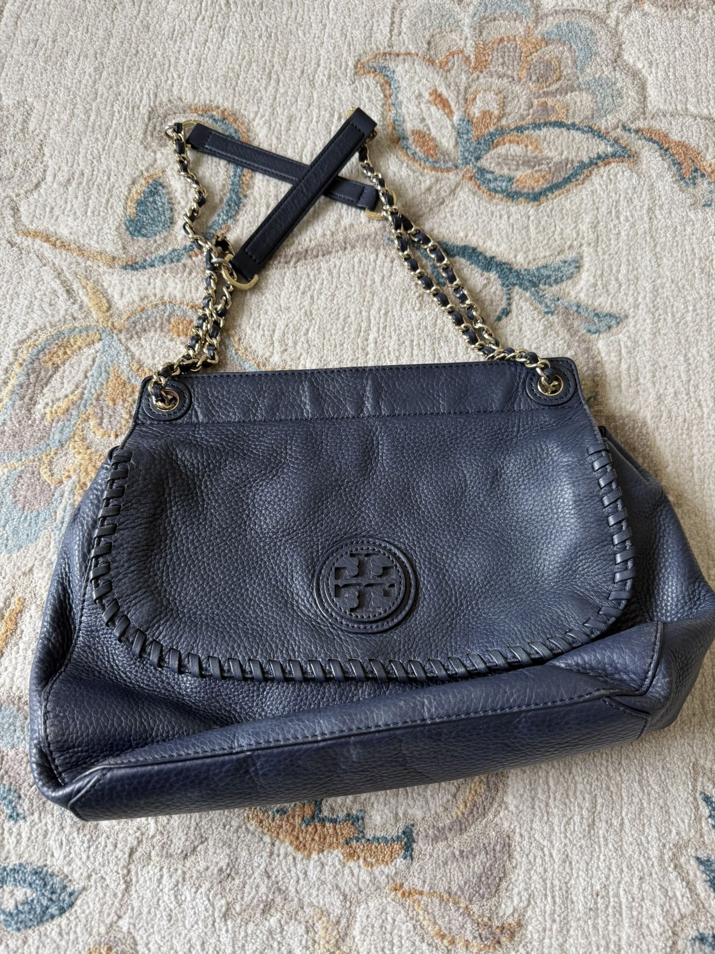 Tory Burch women whipstitch navy blue leather gold chain handbag purse shoulder bag leather saddlebag handbag