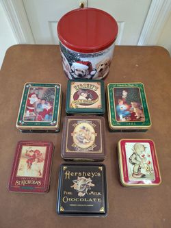 8 HOLIDAY XMAS OLD TINS SOLD AS A LOT OR SEPARATELY  / SEE ALL 12 PHOTOS