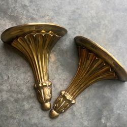 X2 VINTAGE MID CENTURY BRASS WALL SHELF LEDGE SHELVES QUALITY CRAFTS HAND CRAFTED IMPORTS SET 