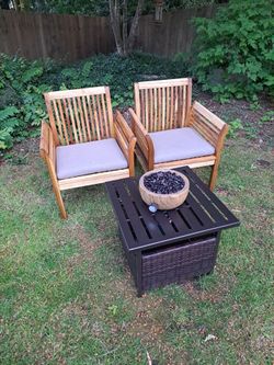 Teak Outdoor patio chairs with fire table