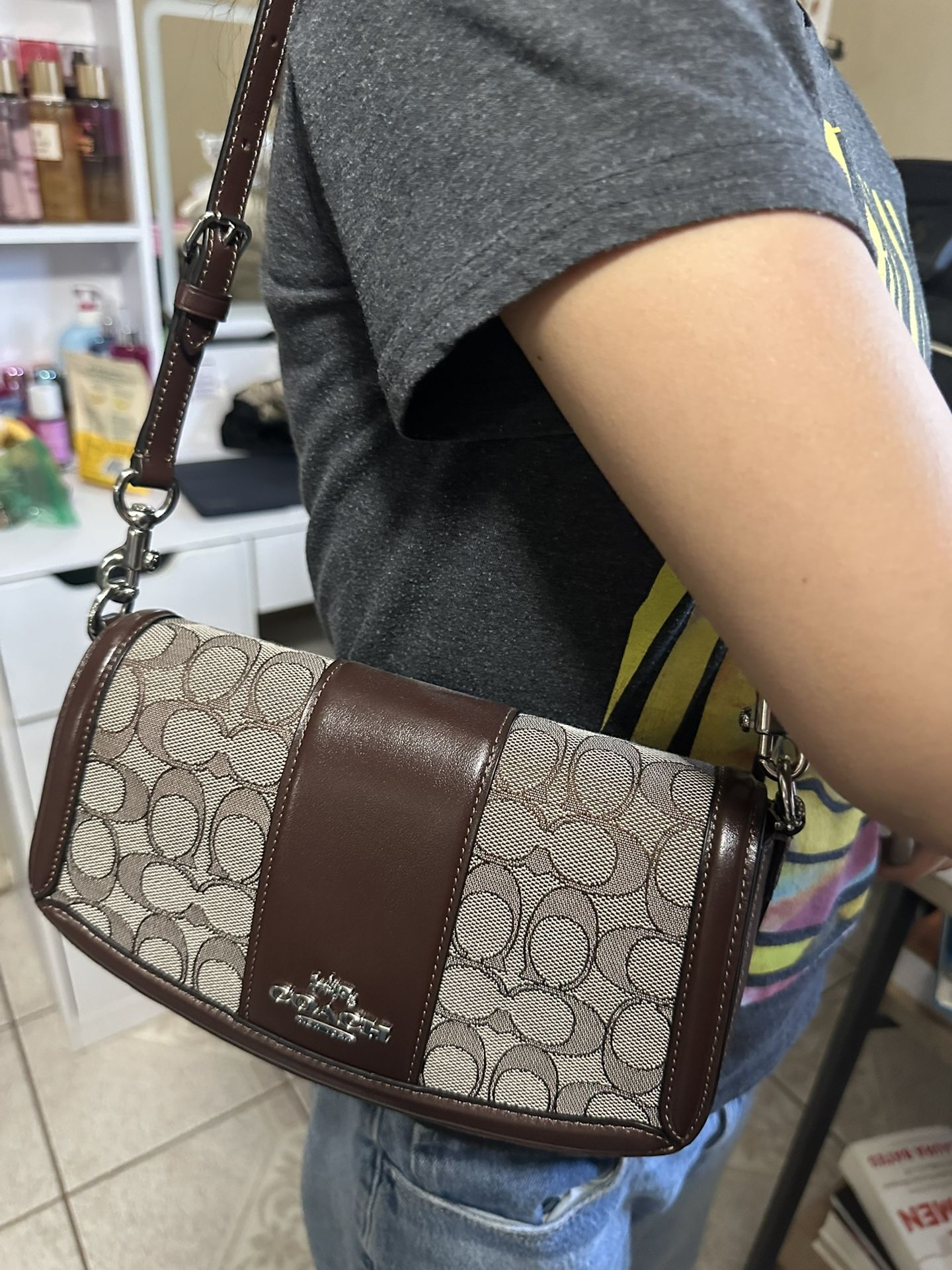 Coach Andrea Shoulder Bag – Signature Jacquard – Brown Leather Trim