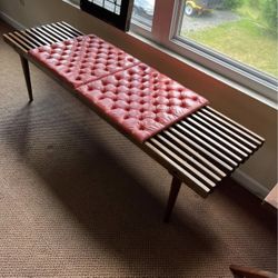 Mid-Century Modern 60” Slat Bench With Red Original Cushions!!! 
