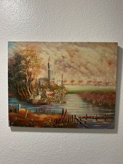 Vintage Oil Painting Signed Bailie - Riverside Village Landscape, 16x20 Canvas