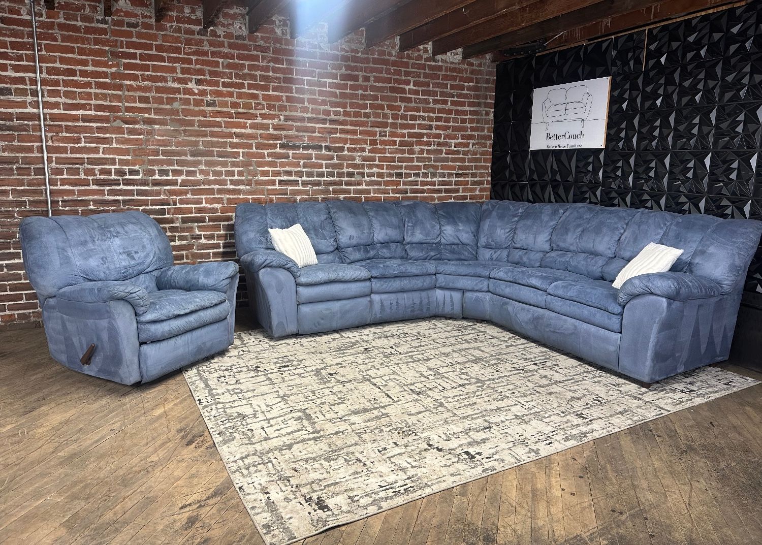 Free Delivery-Blue L shape sectional sofa couch w recliner chair
