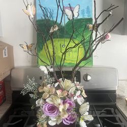Beautiful flowers with tree for easter eggs