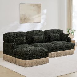 Target 100" Modular Leopard Print Chenille L-Shaped Sectional Sofa with Ottoman and Fringe, Green Trim (Copy)