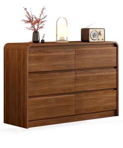 6 Drawer Dresser, 47-Inch Wood Chest of Drawers, Curved Anti-Collision Design, Mid-Century Storage Cabinet, Pre-Embedded Slots, for Bedroom, Living Ro