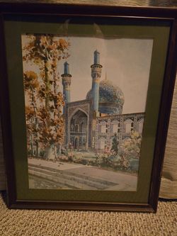 Framed Watercolor Painting of Islamic Mosque