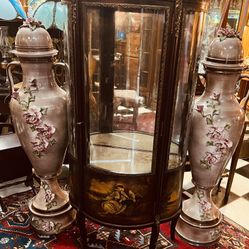 Antique 1800’s Louis Xv Style Mahogany French Hand Painted Scenes, Gold Guilt Vitrine Curio.