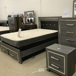 Grey queen bed frame with storage , nightstand , dresser with mirror BEDROOM SET