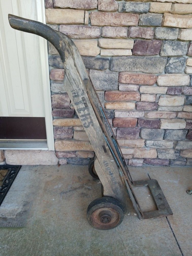 Vintage Antique Old Industrial Heavy Duty Wood Iron Hand Truck Dolly Barrel Cart