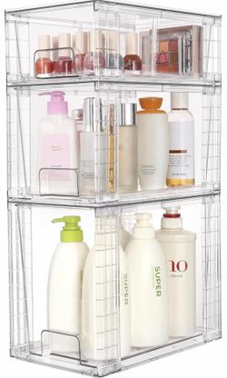 Vtopmart 6 Pack Clear Stackable Storage Drawers,Easy to Assemble Bathroom Organizers and Storage with handles,Plastic Drawers for Kitchen Pantry,Cabin
