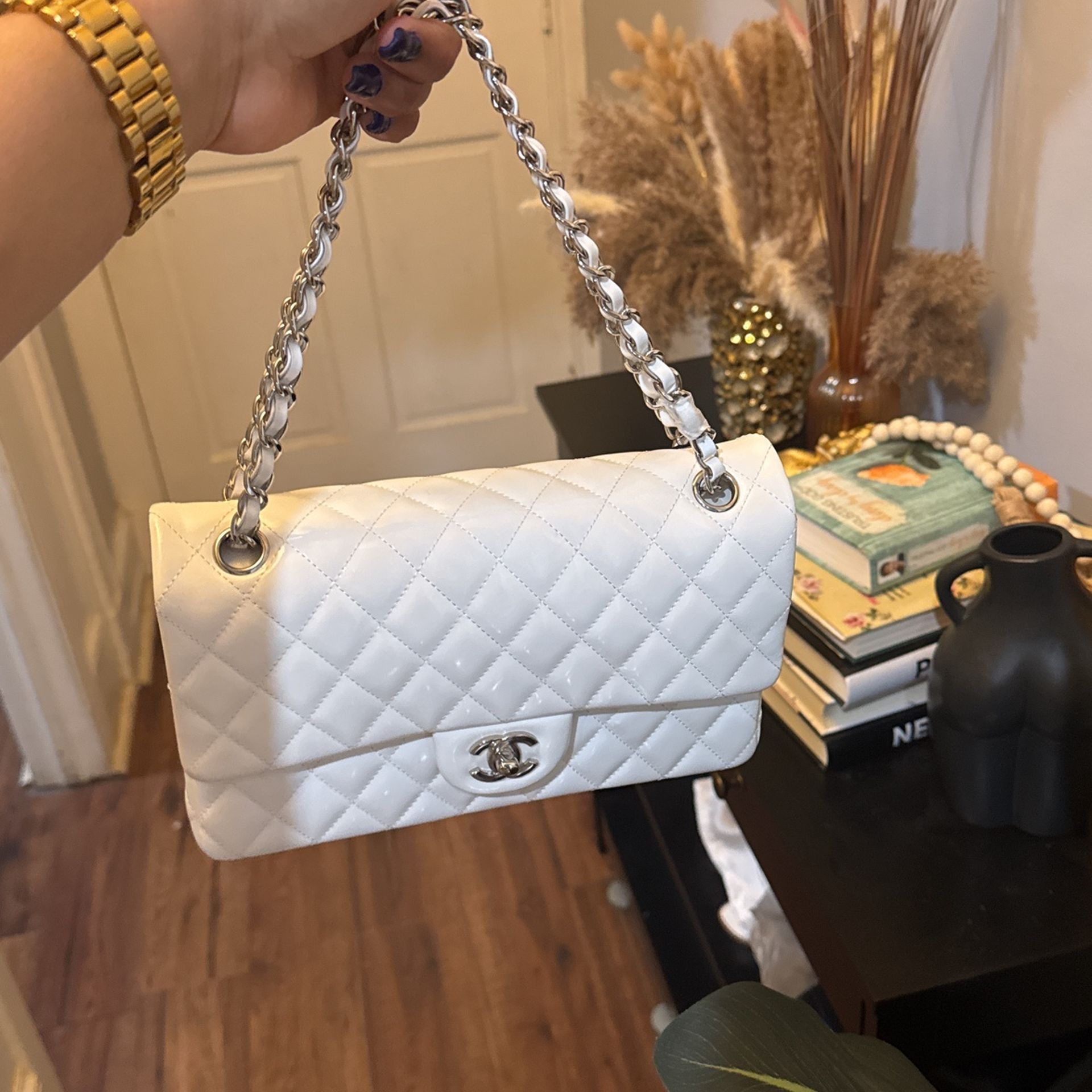 Chanel White Patent Leather Bag / Silver Hardware