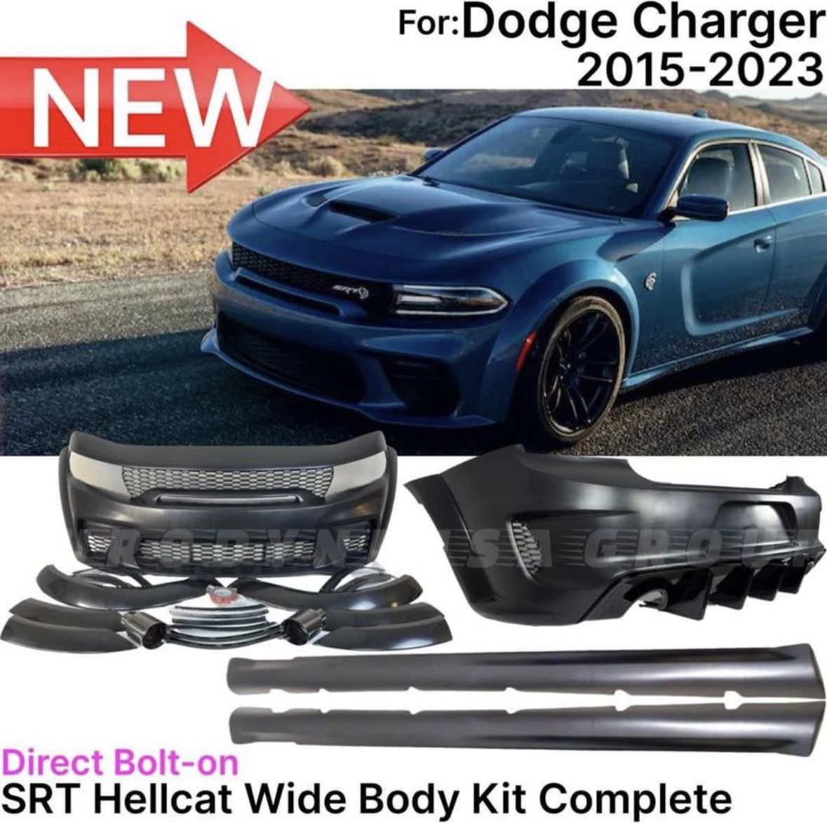 Fits 15-23 Dodge Charger Widebody Whole Bumper Side Matte Black Diffuser Kits Wide Body Srt Hellcat