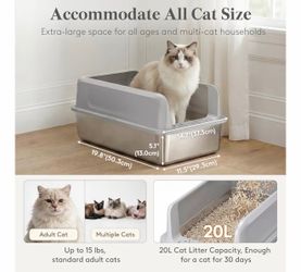 Gray Stainless Steel Litter Box, XL Metal Cat Litter Tray with Non-Slip Pads, Anti-Leakage Top Entry and High Sided, Easy to Clean