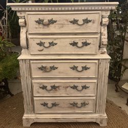 Antique Victorian Distressed White Chest of Drawers with Carvings, 5 Drawers