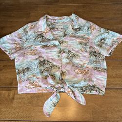 American Eagle Hawaiian Short Sleeve Button Up Crop Top Women’s Size Small