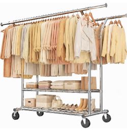 NEW Heavy-Duty Double-Rod Rolling Garment Rack with Shelves