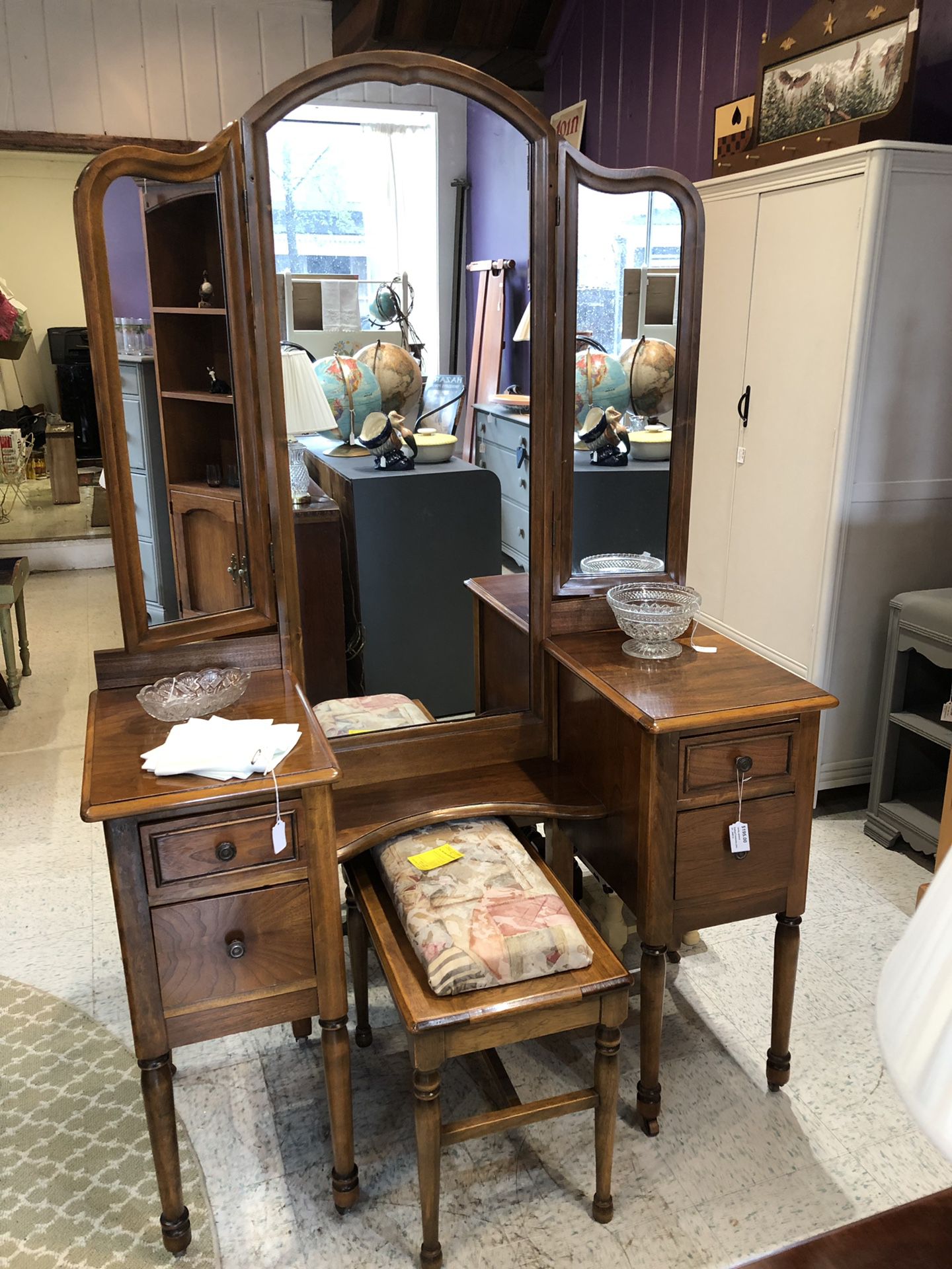 Vintage wood vanity with stool