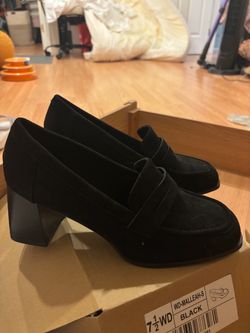 Black Suede Block Heel Penny Loafers Size 7.5W
