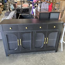 Buffet Cabinet with Storage, 55.1" Large Sideboard Buffet Farmhouse Kitchen Cabinet with 3 Drawers and 4 Doors, Wood Coffee Bar for Kitchen, Black