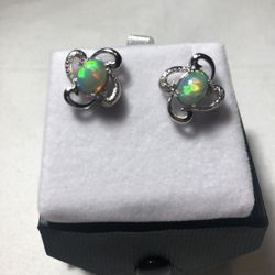 New Natural cabochon Opal and Natural diamond accent earrings