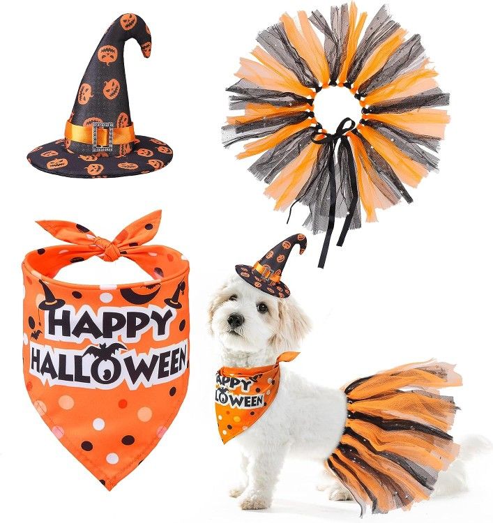 Halloween Dog Costume - Bandanas, Hat and Dress Set