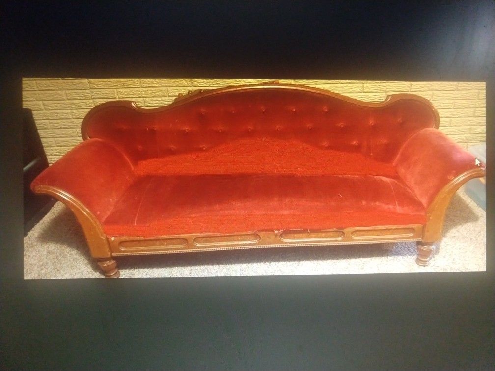 Fainting Antique Button Back Red Velour Victorian Sofa